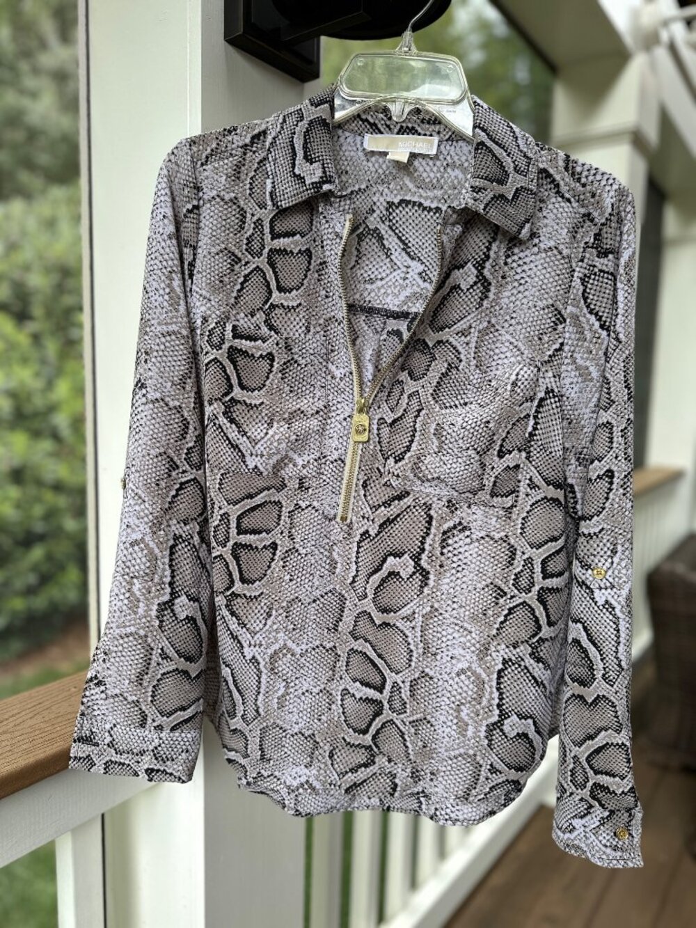 Michael Kors Zip Up Brown Cream Gray Snake Print Animal Print Blouse Top Size S